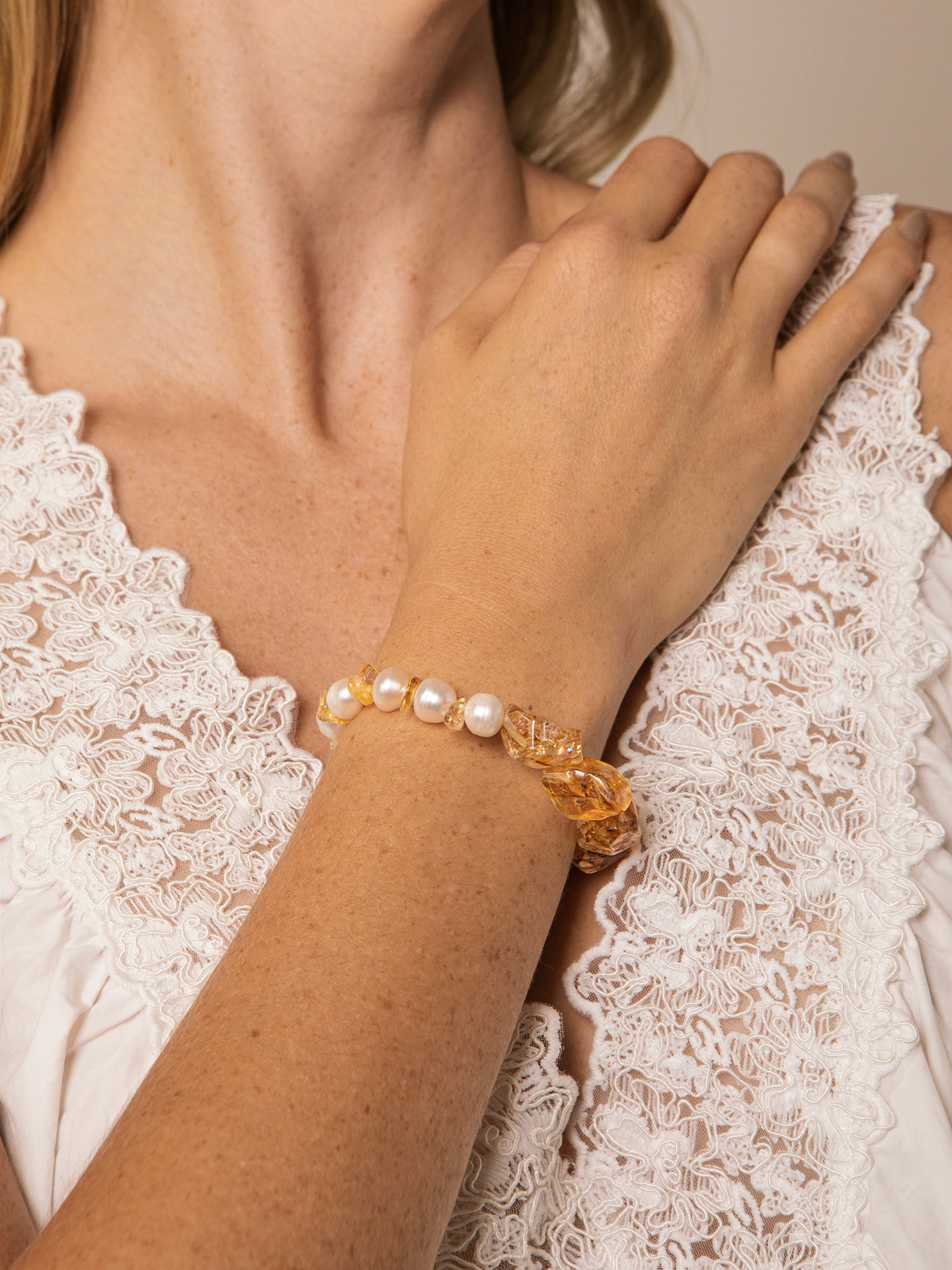 Freshwater Pearl & Brazilian Citrine Bracelet in Sterling Silver