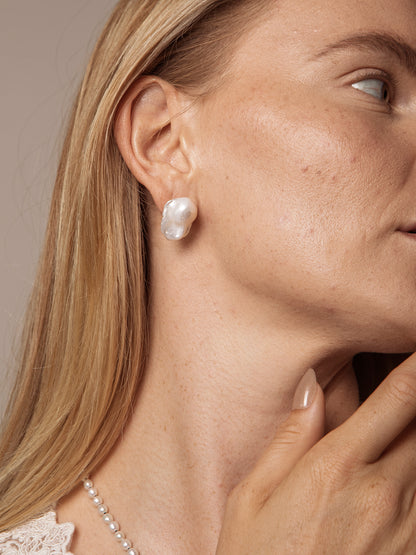 Large Sterling Silver Baroque Pearl Stud Earrings