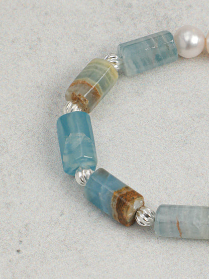 Freshwater Pearl & Blue Larimar Bracelet in Sterling Silver