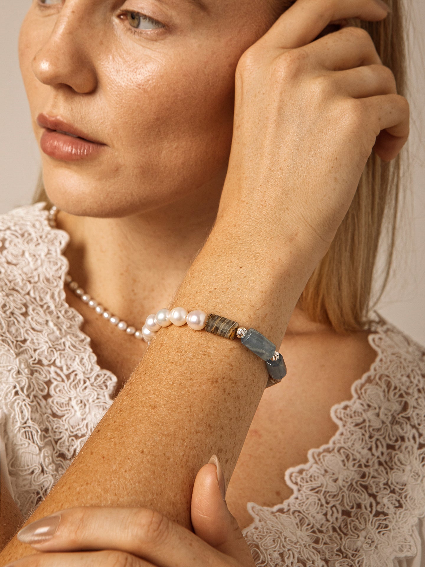 Freshwater Pearl & Blue Larimar Bracelet in Sterling Silver