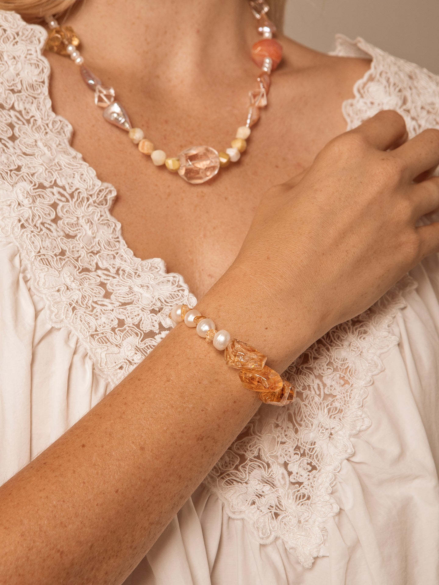 Freshwater Pearl & Brazilian Citrine Bracelet in Sterling Silver